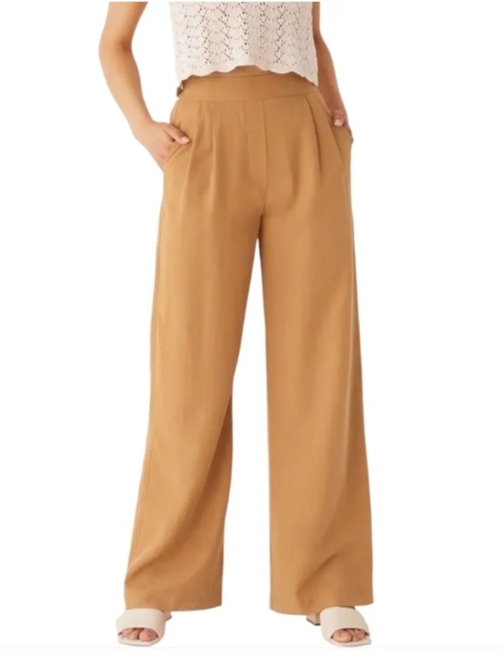 Frank And Oak Sally Wide Leg Fluid Pants Caramel High Waisted Pleats Size 10